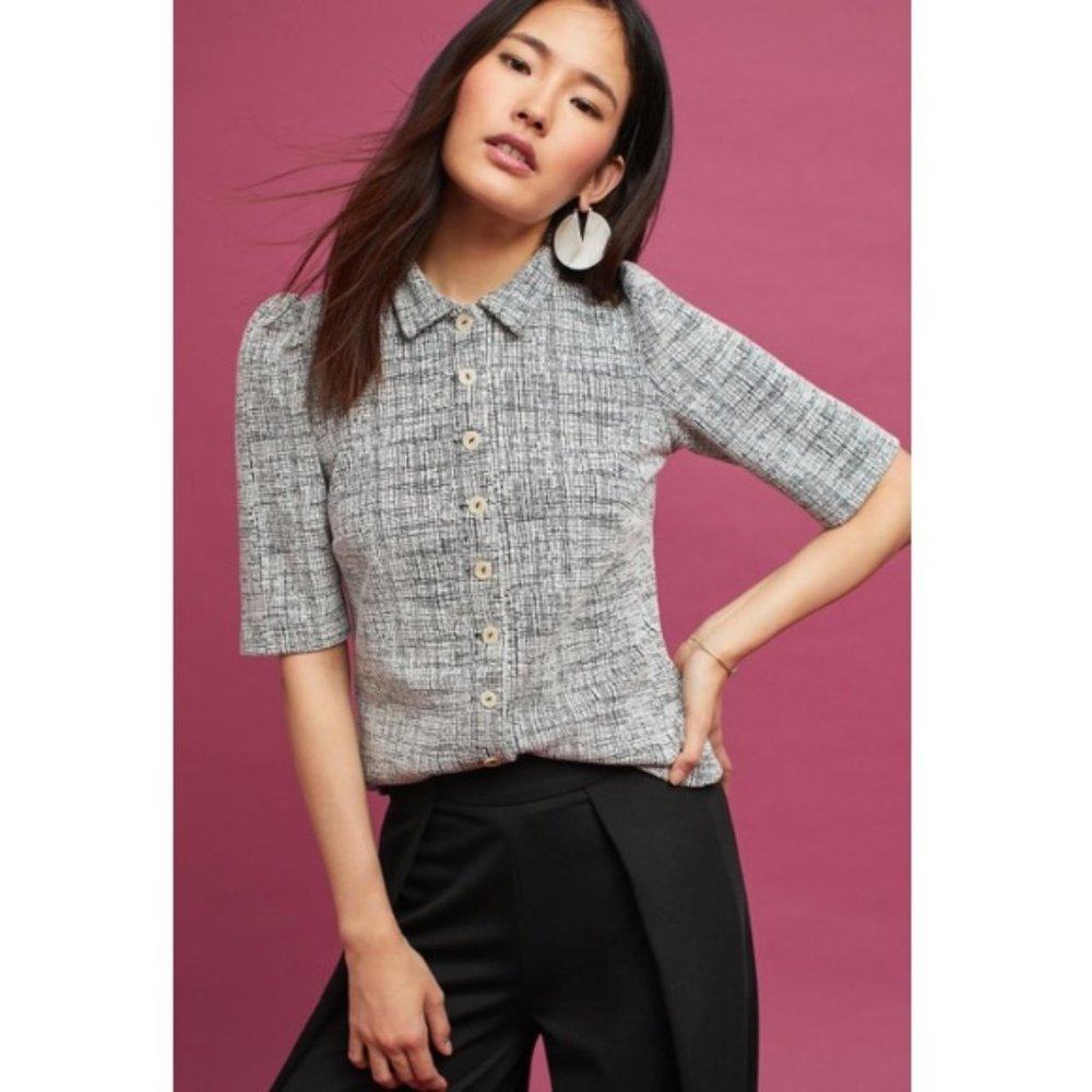 Anthro Gray Puff-Sleeve Buttondown by Vanessa Virginia Size M